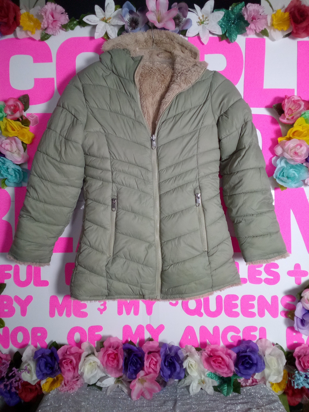 Olive Green Quilted Puffer Jacket with Faux Fur Lining